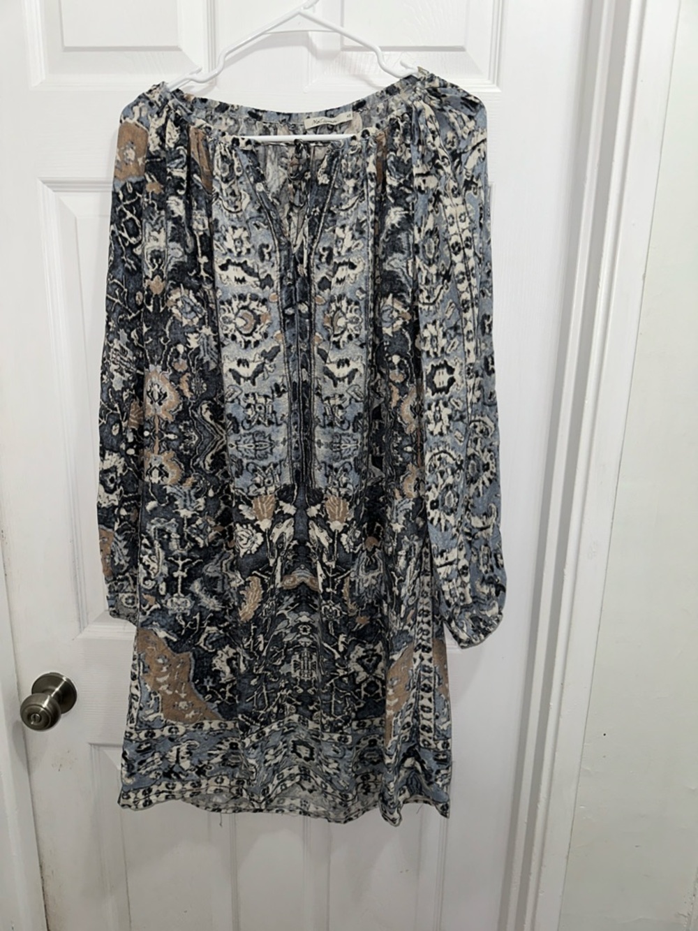 Mes Demoiselles 100% Silk Boho Long-Sleeve Paisley Tunic Dress in Blue and Tan